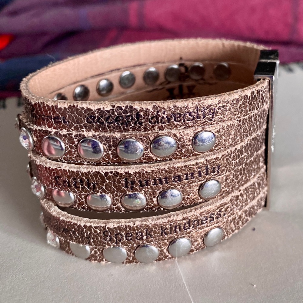 Humanity Inspire with Kindness cuff bracelet w crystals/studs. Bronze leather.
